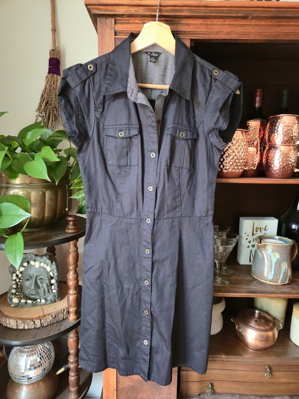 GUESS Black Button-Front Y2K Shirt Dress, small